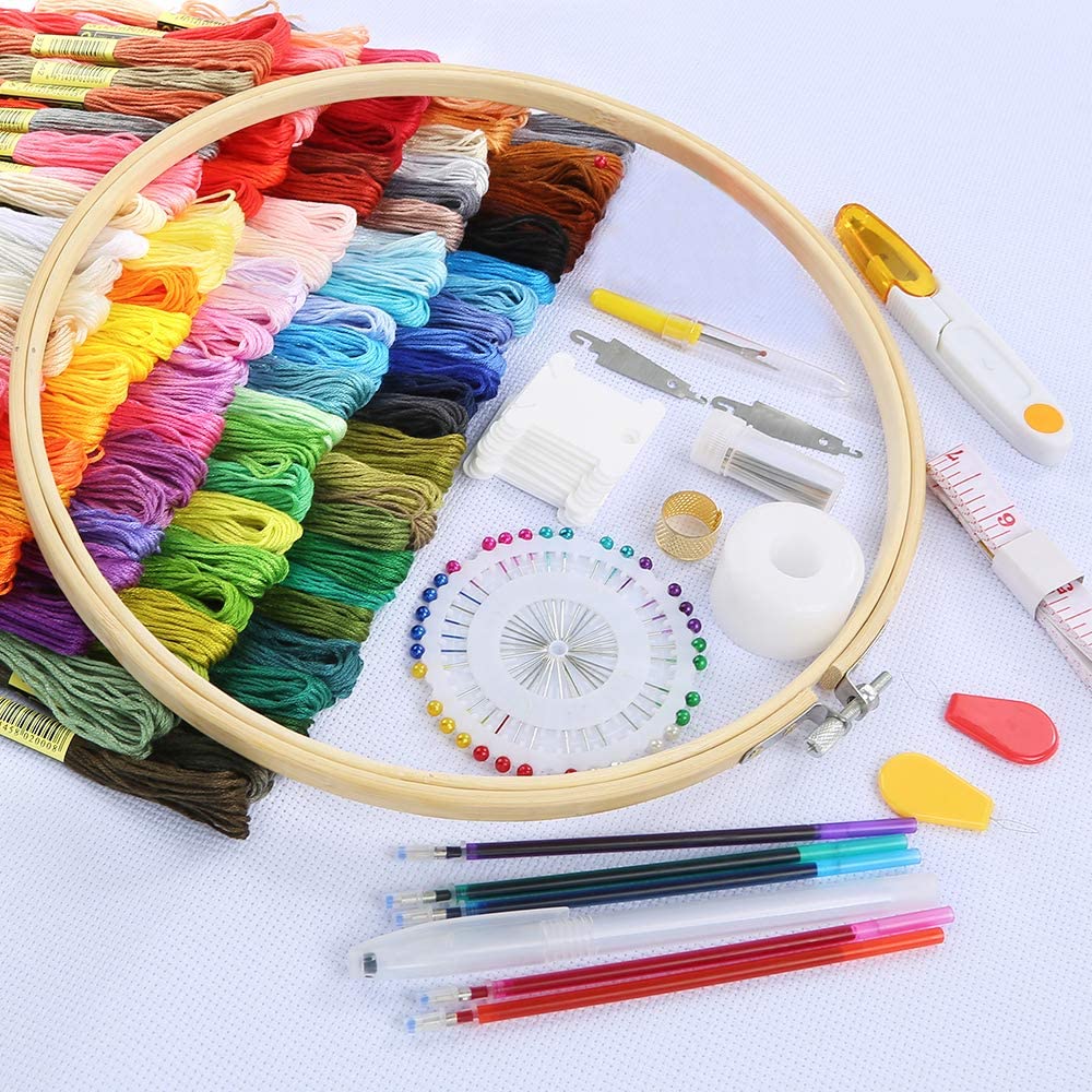 Pllieay Full Range of Embroidery Starter Kit with Instructions, 5 Pieces Bamboo Embroidery Hoops, 100 Colors Threads - Image 2
