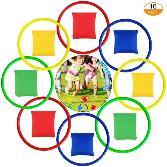 LATERN 16Pcs Nylon Bean Bags and Plastic Rings, Multicolor Toss Game Sets for Kids Bean Bag Toss Game Garden Backyard Outdoor Games Speed and Agility Training Games