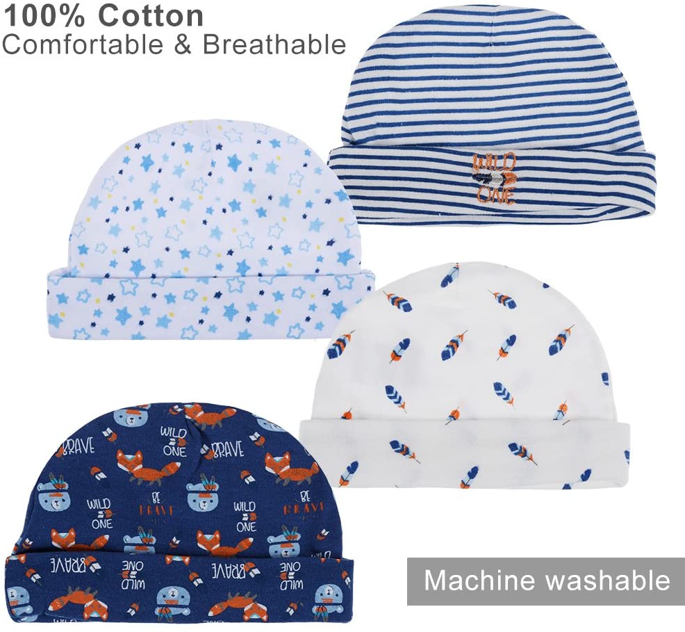 100% Cotton 4pcs Baby Cotton Caps Hats Lictin Newborn Baby Cotton Caps Mittens 