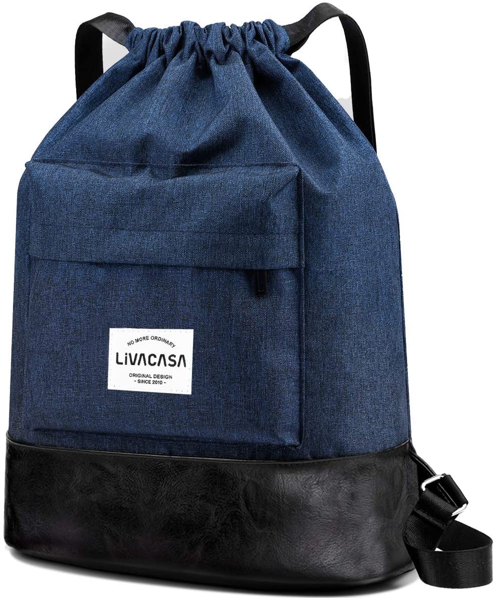 LIVACASA Gym Sack Large Drawstring Bag Adjustable Wide Strapes and Back Zipper Pocket Large Capacity 12.5L Sports Travel Bag Water Repellency with Inside Pockets Backpack for Men Women Blue 18x13x6In