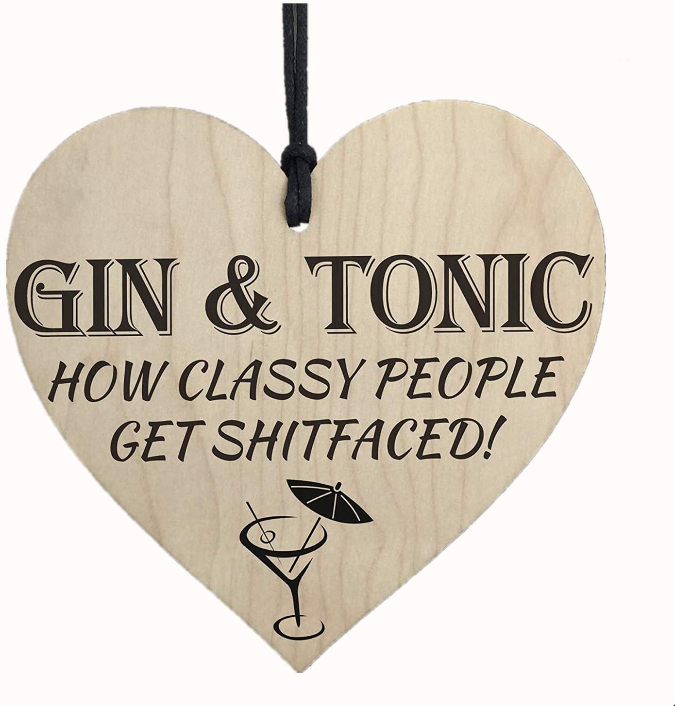 Red Ocean Gin & Tonic Classy People Novelty Wooden Hanging Heart Kitchen Alcohol Plaque, multicoloured, 10 x 10 cm