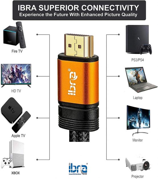 2.1 HDMI Cable 8K, IBRA 1m Ultra HD Lead High-Speed Cord 48Gbps | Supports 8K@60HZ 4K@120HZ 4320p Compatible with Fire TV 3D Support Ethernet Function 8K UHD 3D-Xbox PlayStation PS3 PS4 PC-Orange - Image 3