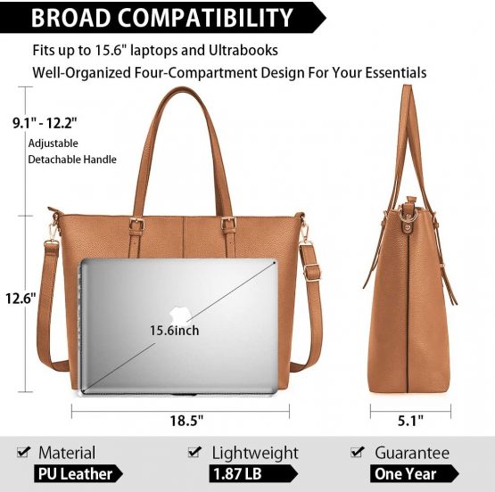 Women Handbag Laptop Tote Bag 15.6 Inch Large Leather Shoulder Bag Designer Lightweight Computer Tote Bag Lady Stylish Handbags for Work Business School College Travel Brown - Image 4
