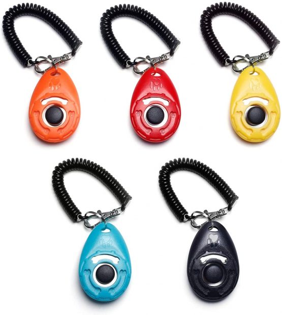 Toozey dog clicker, 5 pieces of clickers with wrist strap, clicker with large button, 5 colours, bonus E-book