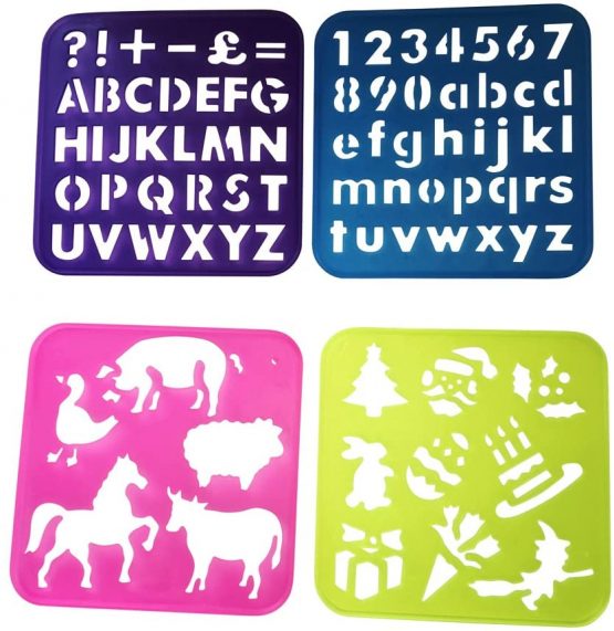 EAST-WEST Trading GmbH 34 pcs Stencil Set for Kids - Includes 20 Stencils, 10 color pencils, 50 sheets A5 paper, craft scissors, sharpener in practical carry bag - Image 4