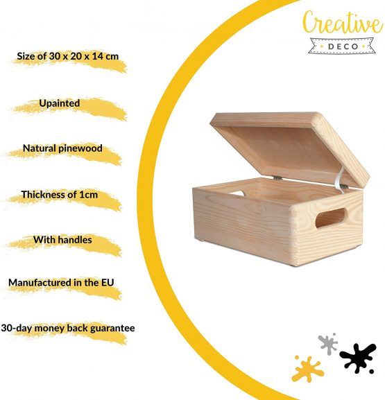 Creative Deco Large Plain Wooden Box Storage | 30 x 20 x 14 cm (+/1 cm) | with Lid & Handles | Unpainted Gift Box for Tool Dog Toy Shoes Clothes Kitchen Storage | ROUGH & UNSANDED Wood Keepsake Chest - Image 4