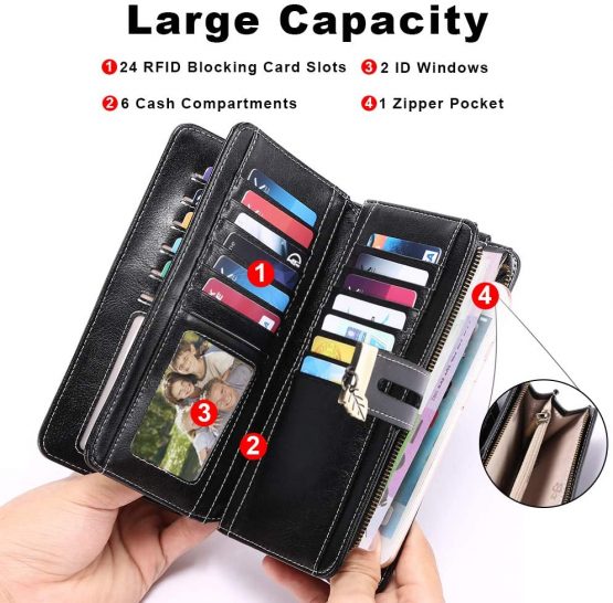 LUROON Ladies Purse RFID Blocking Women Purses Large Capacity Ladies Leather Wallets with 24 Credit Card Slots, Ladies Clutch Long Wallet with Zipper Pocket & Wrist Strap (Black) - Image 3