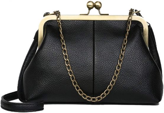 Puyang Women Mini Retro Kiss Lock Pu Leather Chains Handbag Purse (Black)