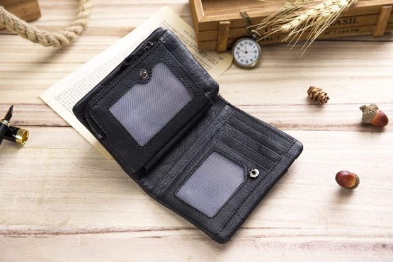 Genuine Leather Men Wallet, RFID Blocking Antimagnetic Credit Card Holder, Zipper Coin Purse Black - Image 4