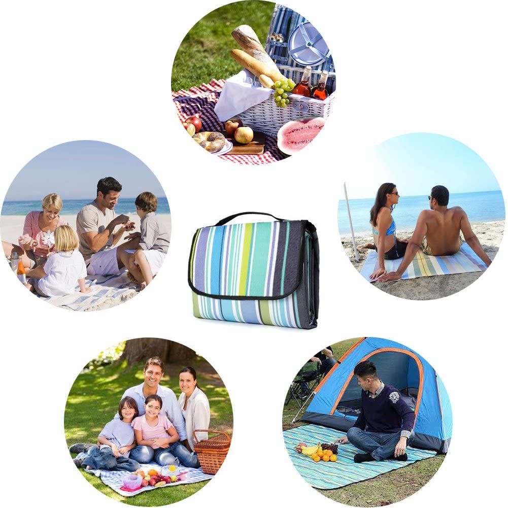 MOVTOTOP XXL 200 x 200 cm Picnic Blanket Waterproof Backing Rug Mat with Handle for Outdoor Beach Camping Hiking （Blue