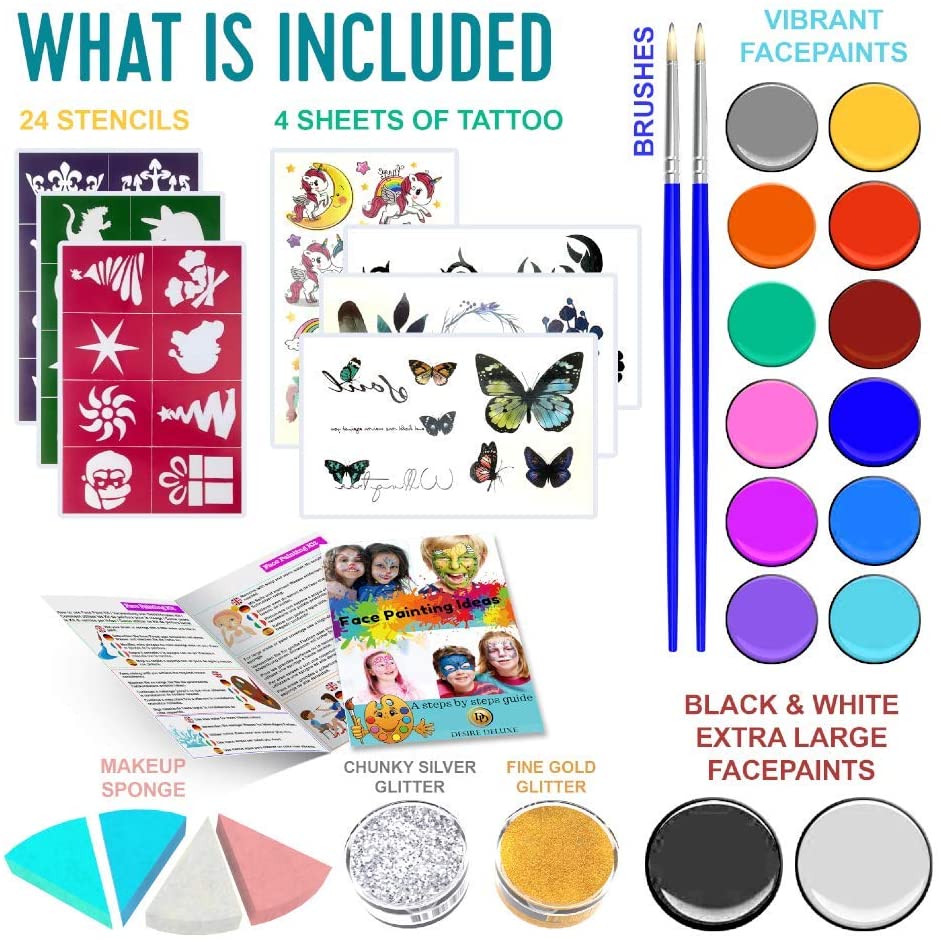 Desire Deluxe Face Painting Kit for Kids, 16 Colors of Non-Toxic, Easy to Use and Hypoallergenic Makeup Face Paint - Image 3