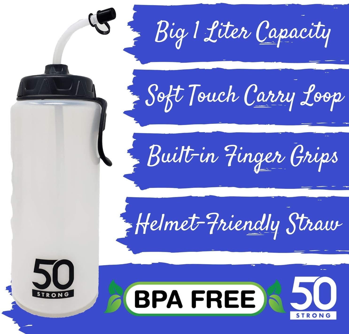 50 Strong 1 Liter Sports Water Bottle W/Straw 2 Pack, Easy Squeeze + Built in Finger Grip & Carry Loop, BPA Free Plastic - Image 2