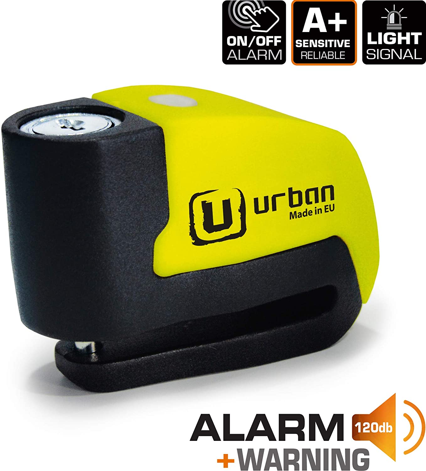 URBAN UR6 Hi-Tech Motorcycle Disc Lock with Smart Alarm, Black and Yellow, 6mm