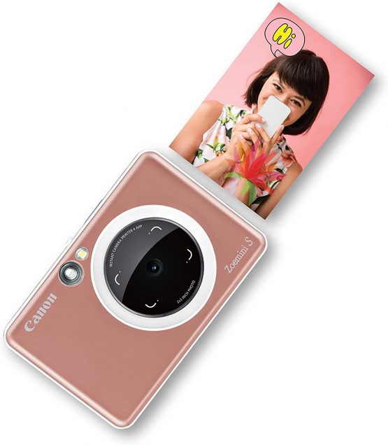 Canon Zoemini S Instant Camera & Photo Printer (Rose Gold) – Pocket-sized 8-megapixel camera printer with ring-light, selfie mirror and remote shutter. Instantly print sticky-backed photos on the go