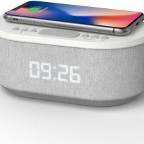 Bedside Wireless Charging Radio Alarm Clock with Dimmable LED Display - Non Ticking Mains Powered Dual Alarm Clock with USB Charger and Bluetooth Speaker