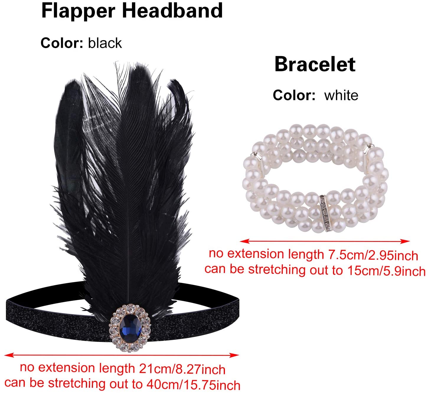 FEPITO 9 Pcs 1920s Set of Accessories Flap Headband Necklace Earrings Long Black Gloves Fishnet Tights Large Gatsby Accessories for Women (Set C) - Image 4