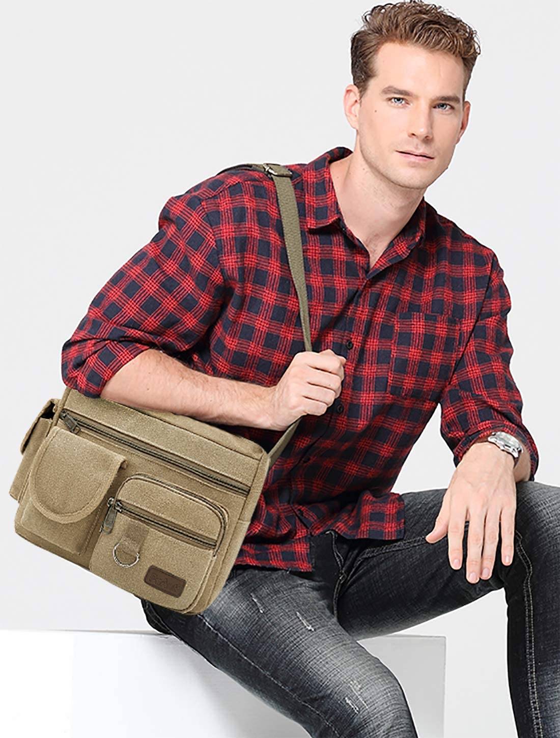 FANDARE Canvas Crossbody Bag Messenger Bag Satchel Shoulder Bag Working Bag Bookbag Briefcase for Men and Women Khaki - Image 2
