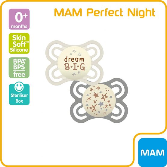MAM Perfect Night Soothers 0+ Months (Pack of 2), Thinner and Softer Baby Soothers with Self Sterilising Travel Case, Newborn Essentials, White/Grey (Designs May Vary) - Image 2