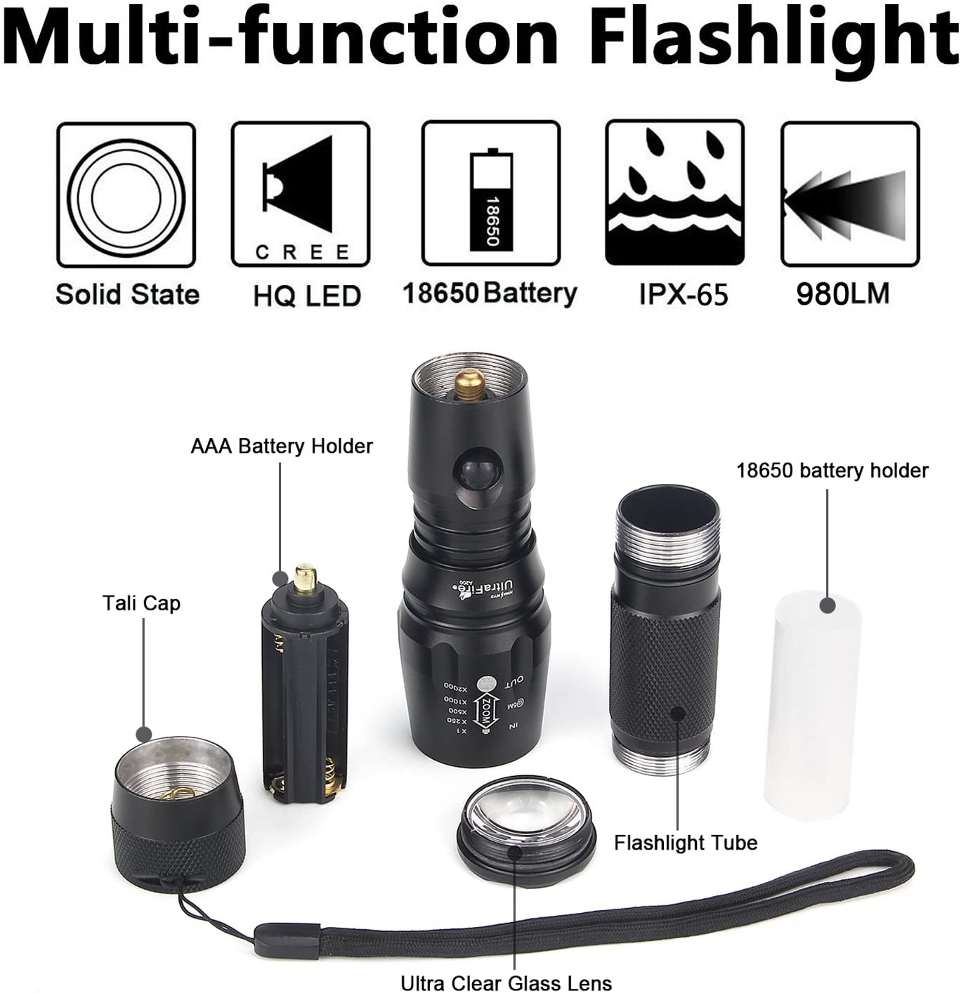 ULTRAFIRE 16-Inch Signal Traffic Wand LED Torch 980 Lumens, Zoomable Tactical Torch 5 Modes Safty Flashlight - Image 3