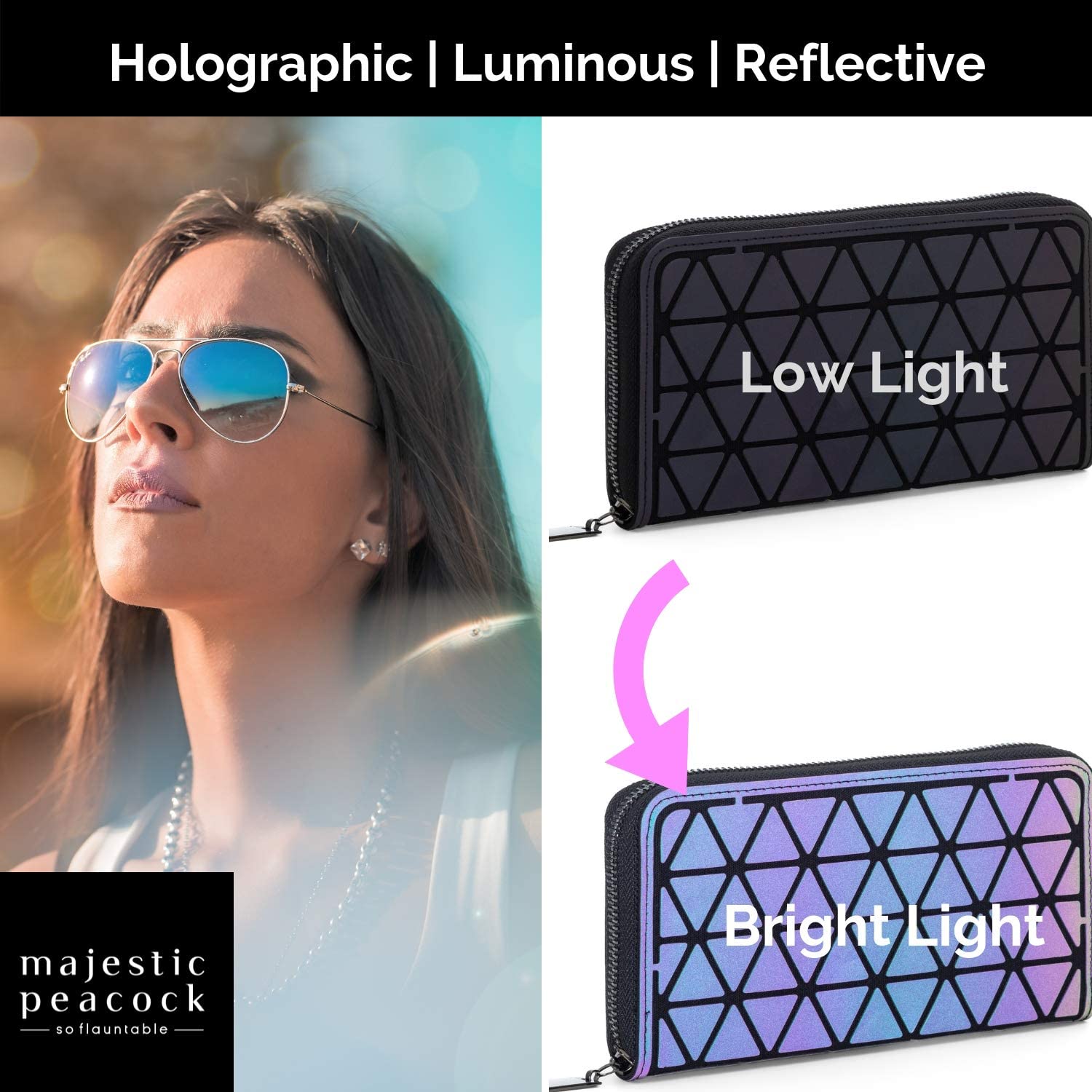 Majestic Peacock Geometric Holographic Wallet Purse Unique Iridescent Luminous Colour Changing Quirky Special Ladies Teenager Zipped + Store Phone Unusual Different Idea OwnIt - Image 2