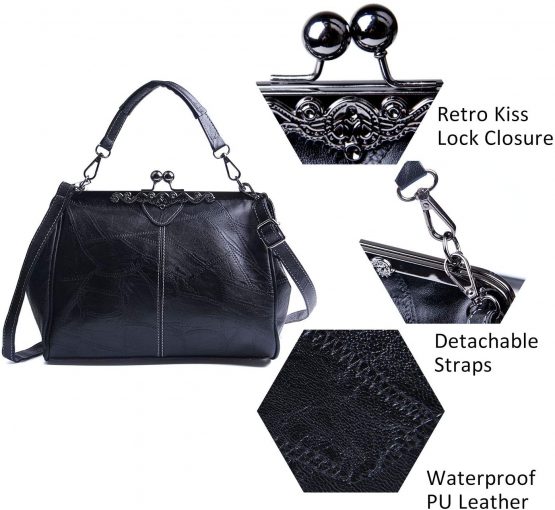 LUI SUI Women Retro Handbag, PU Leather Purse Vintage Top Handle Bag Kiss Lock Crossbody Shoulder Bag for Ladies - Image 4