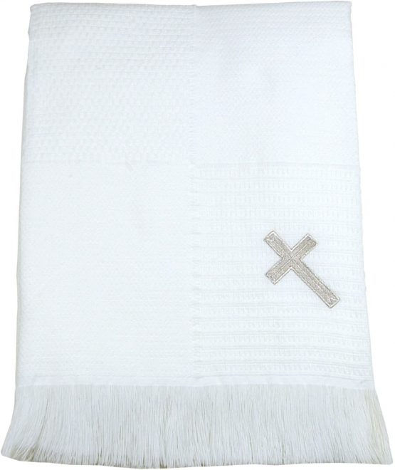 BabyPrem Baby Blanket Shawl Cross Christening Baptism Knitted Fringe 122 x 122cm White