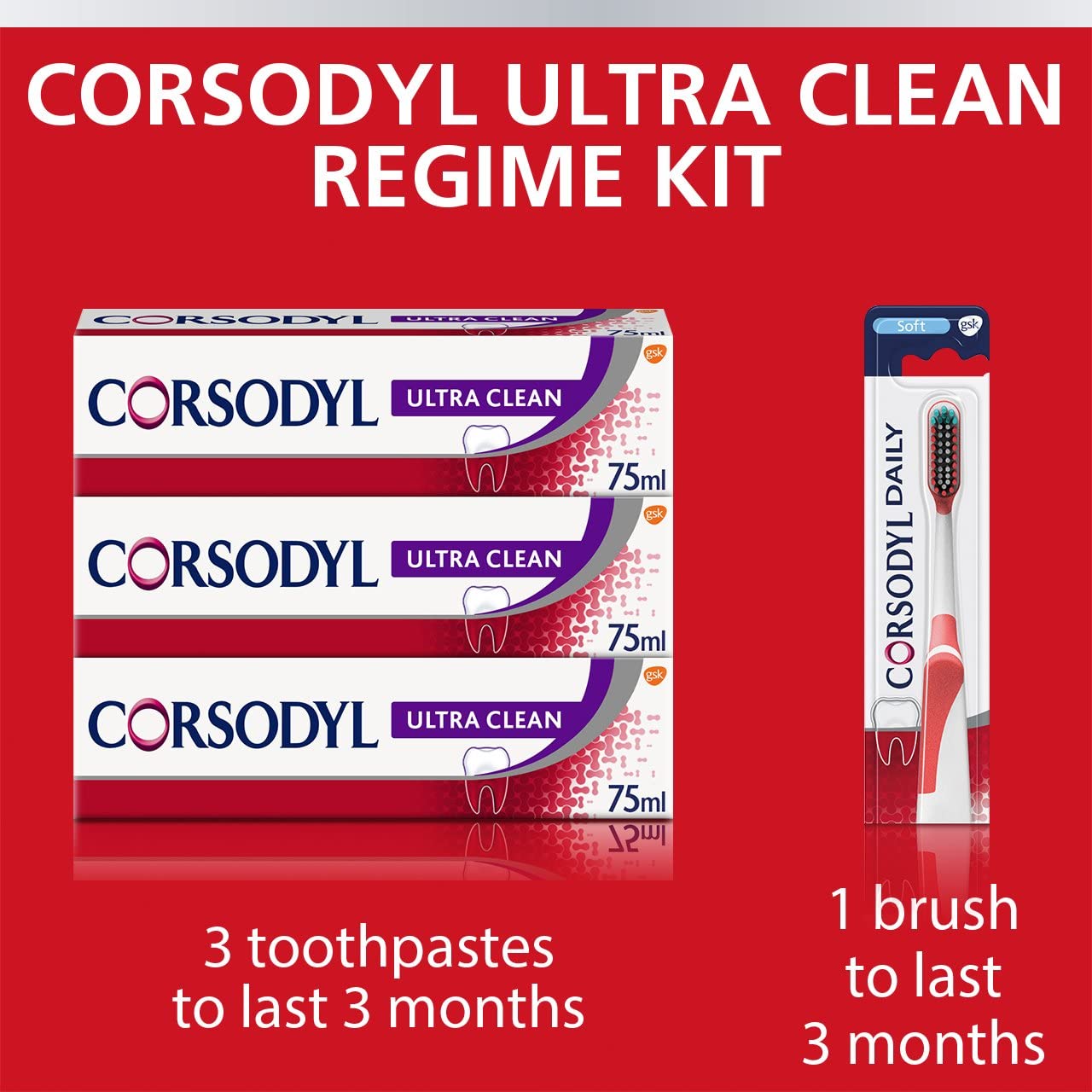 Corsodyl Gum Care Ultra Clean Toothpaste and Toothbrush Bundle: 3X Corsodyl Ultra Clean Toothpaste 75ml & 1x Daily Toothbrush Soft - Image 3