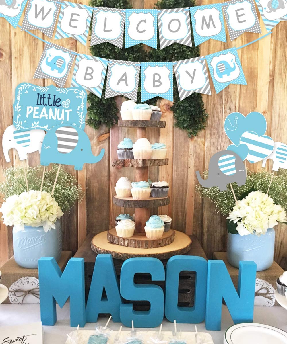 JOYMEMO Elephant Baby Shower Decorations, Welcome Baby Banner Bunting, Foil Letter Balloon Blue, Sash, Elephants Cake Toppers - Image 4