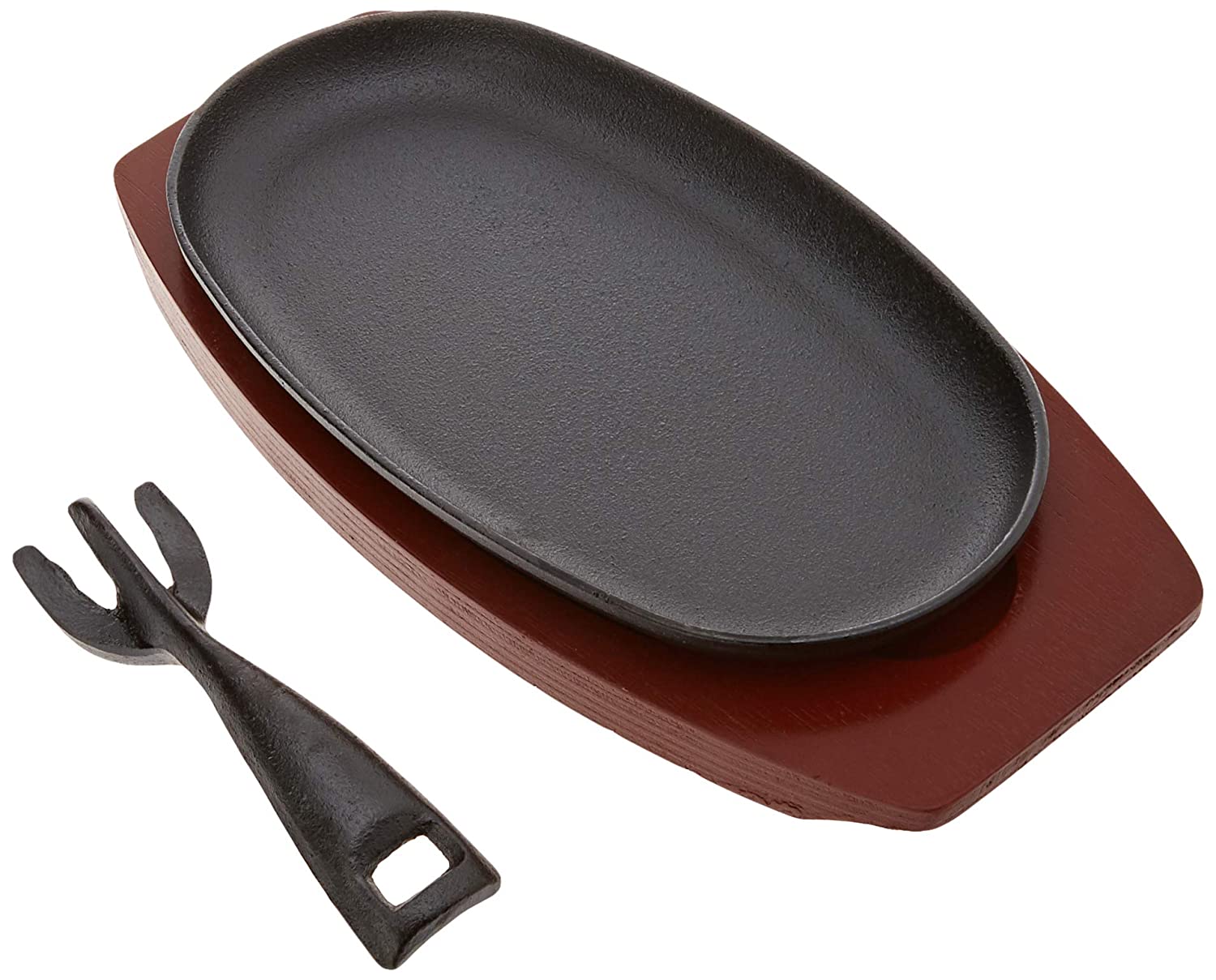 Olympia Cast Iron Oval Sizzler with Wooden Stand 240mm, Black & Brown, Size: 240(W) x140(D) mm, Non Stick Dish When Seasoned