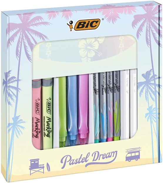 BIC Pastel Dream Kit - 3 Gel Pens/4 Felt Writing Pens/4 Highlighter Pastel Pens/4 Ball Pens/1 Notepad - Gift Box of 16, turquoise