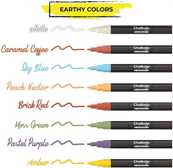 Fine Tip Chalkboard Chalk Pens - Pack of 8 Classic Earth Colors | Non Toxic Wet Erase Liquid Chalk Ink Markers | 3mm Reversible Bullet & Chisel Nib - Image 3