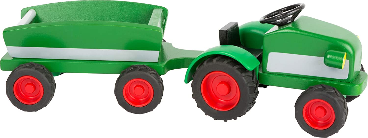 Woodfriends 11006 Tractor of wood, incl. trailer in a beautiful natural green, suitable for farms from 3 years