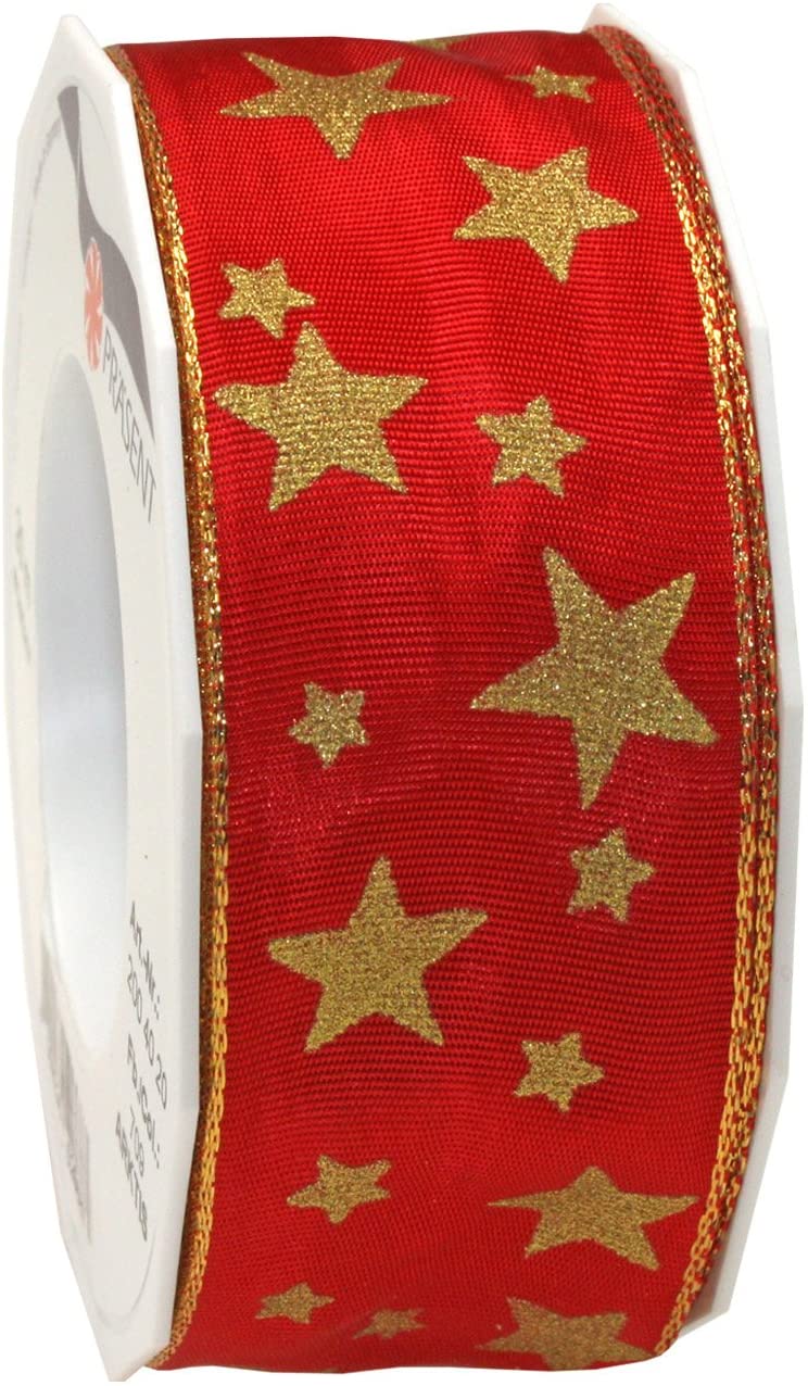 PRÄSENT - Arktis Wired & Printed Ribbon Red-Gold 40 mm width, 20 m length, 40mm - 20m