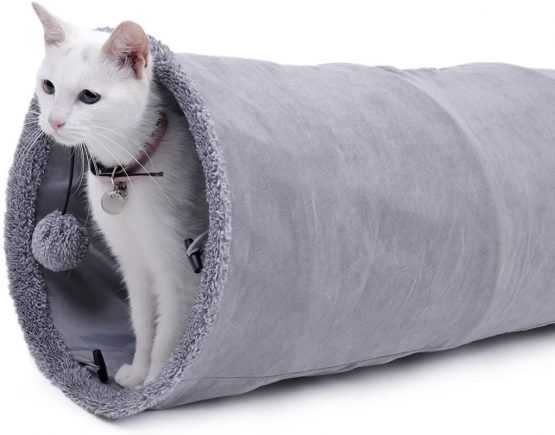 OHANA Collapsible Cat Tunnel Toy in suede, Large cat tunnels for indoor cats rabbits with 2 holes and suspended ball Dia30*130cm - Image 4