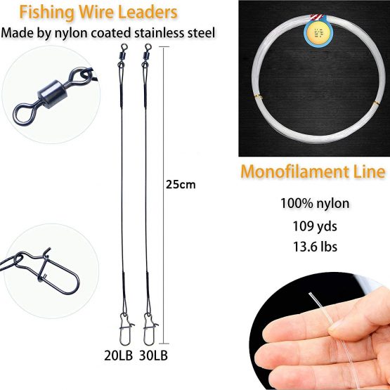 SHADDOCK 110pcs Fishing Bait Rigs Kit Fishing Accessories Kit Includes Steel Wire Leaders,Fishing Line,Float Bobbers,Hard Lures,Hooks,Swivels,Treble Hooks,Jig Heads,Corns for Fishing - Image 3