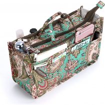 IGNPION Printed Insert Handbag Purse Organiser 13 Pockets Expandable Liner Bag Pouch Zipper Closure Tote Organiser Diaper Bag Insert with Handle (29x 16x 9cm) (Peacock Flower)
