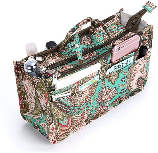 IGNPION Printed Insert Handbag Purse Organiser 13 Pockets Expandable Liner Bag Pouch Zipper Closure Tote Organiser Diaper Bag Insert with Handle (29x 16x 9cm) (Peacock Flower)