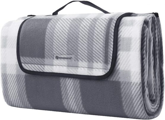 SONGMICS Picnic Blanket, 195 x 150 cm, Large Camping Mat and Rug for Outdoors, Beach, Park, Yard, with Waterproof Backing, Foldable, Grey and White GCM60GW