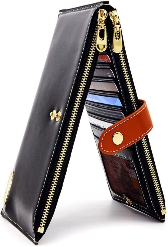 ANDOILT Women's Genuine Leather Wallet RFID Blocking Credit Card Holder Zipper Purse Cell Phone Handbag Black