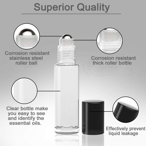 Essential Oil Roller Bottles - 10Pcs, 10ml Refillable Transparent Glass Roll on Bottles with Black Lids by Yalbdopo, 12 Pcs Labels, Dropper & Opener Included - Perfect for Fragrance, Aromatherapy - Image 2