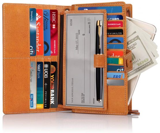 FT FUNTOR Ladies Large Capacity Genuine Leather Purse with Zipper Pocket for Cell Phone,19 Cards Slots RFID Blocking Wallet Purses for Women (Yellow)