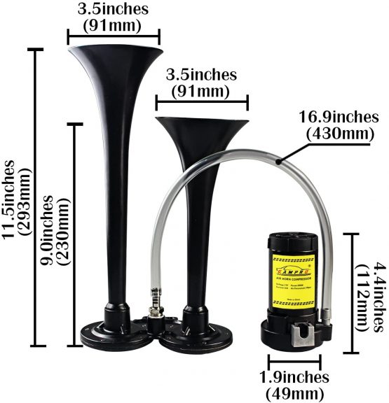 GAMPRO 12V 150db Air horn, Chrome Zinc Dual Trumpet Air Horn with Compressor for Any 12V Vehicles Trucks Lorrys Trains Boats Cars Vans (black) - Image 2