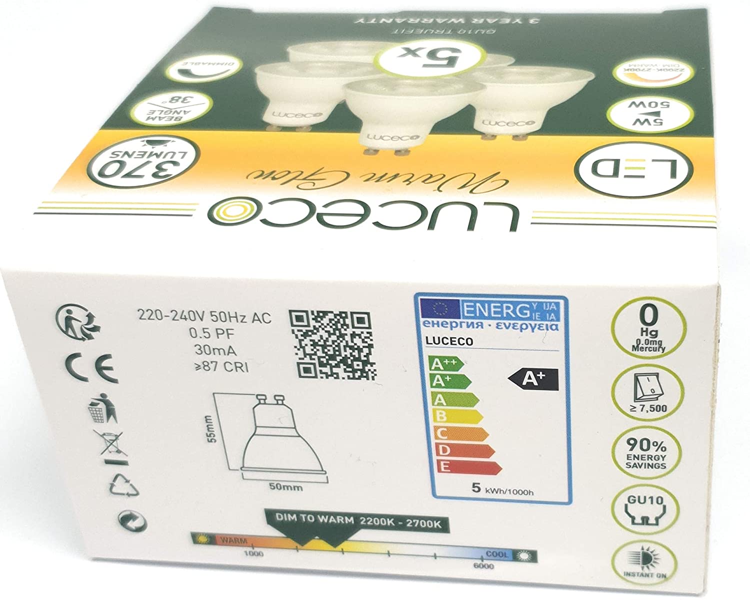 Dim2Warm GU10 LED Light Bulbs WarmGlow, Dimmable Spotlight Lightbulbs 5w - 50w Halogen Replacement 370Lm Warm White Lamps for Light Switches, LED Dimmers, Downlights, by luceco BG - Pack of 5 - Image 3