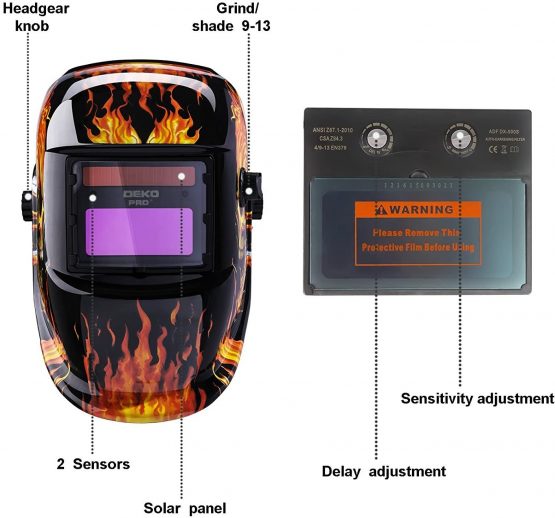 DEKO Welding Mask Solar Powered Auto Darkening Hood with Adjustable Shade Range 4/9-13 for Mig Tig Arc Welder Mask Shield Flaming Skull Design - Image 2