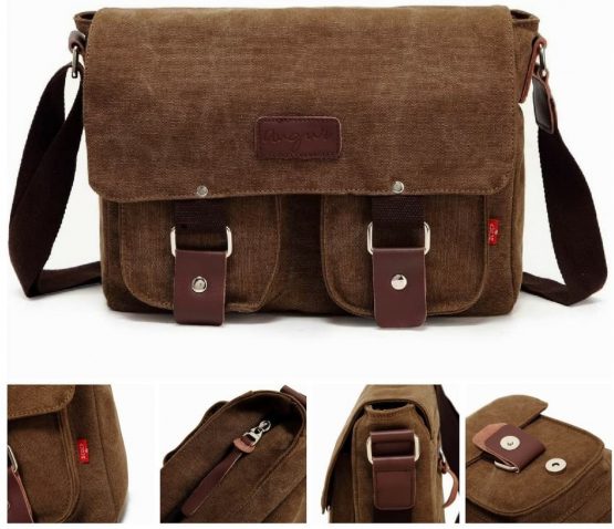 Laptop Bag 14 inch Mens Canvas Leather Messenger Bags Briefcase Crossbody Satchel Shoulder School Bag Travel Hiking Camping Bag ipad Bag Book Bag Satchel School Bag, 32 x 10 x 27cm, Coffe-1 - Image 3