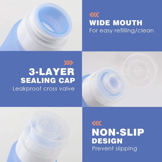 MoKo Travel Bottles 4 Pack, Leak Proof BPA Free & FDA Approved Refillable Cosmetic Toiletry Containers, Silicone Travel Bottles Set with Suction Cup for Shampoo Lotion Conditioner & More, 3.1 oz(89ml) - Image 3