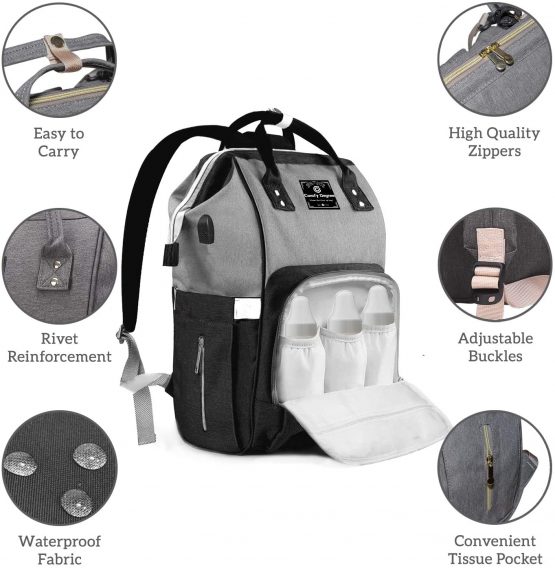 ComfyDegree Baby Changing Bag Backpack Waterproof Multi-Function Large Capacity Diaper Bag Rucksack with USB Port, Stroller Straps & Insulated Bottle Warmer Pockets for Mom and Dad (Black-Gray) - Image 4