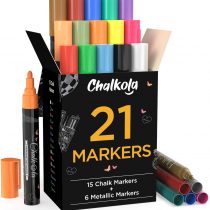 Chalk Pens & Metallic Colours (Pack of 21) Neon Chalk Markers - Erasable Dry Erase Marker Pens for Blackboards, Chalkboard, Window, Glass | 6mm Reversible Bullet & Chisel Tip