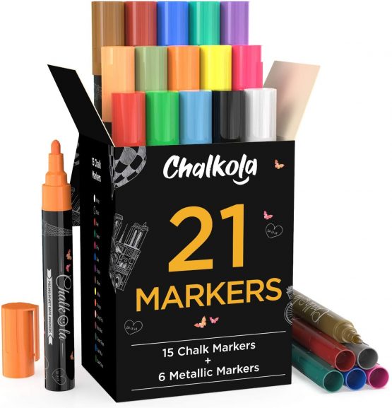 Chalk Pens & Metallic Colours (Pack of 21) Neon Chalk Markers - Erasable Dry Erase Marker Pens for Blackboards, Chalkboard, Window, Glass | 6mm Reversible Bullet & Chisel Tip