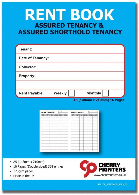 Cherry Tenants Rent Book - Assured Tenancy & Assured Shorthold Tenancy - Weekly/Monthly A5 16pages